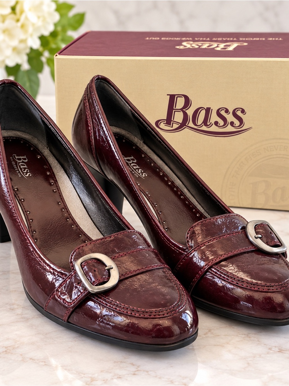 Bass Women's Burgundy Patent Leather Buckle Heels